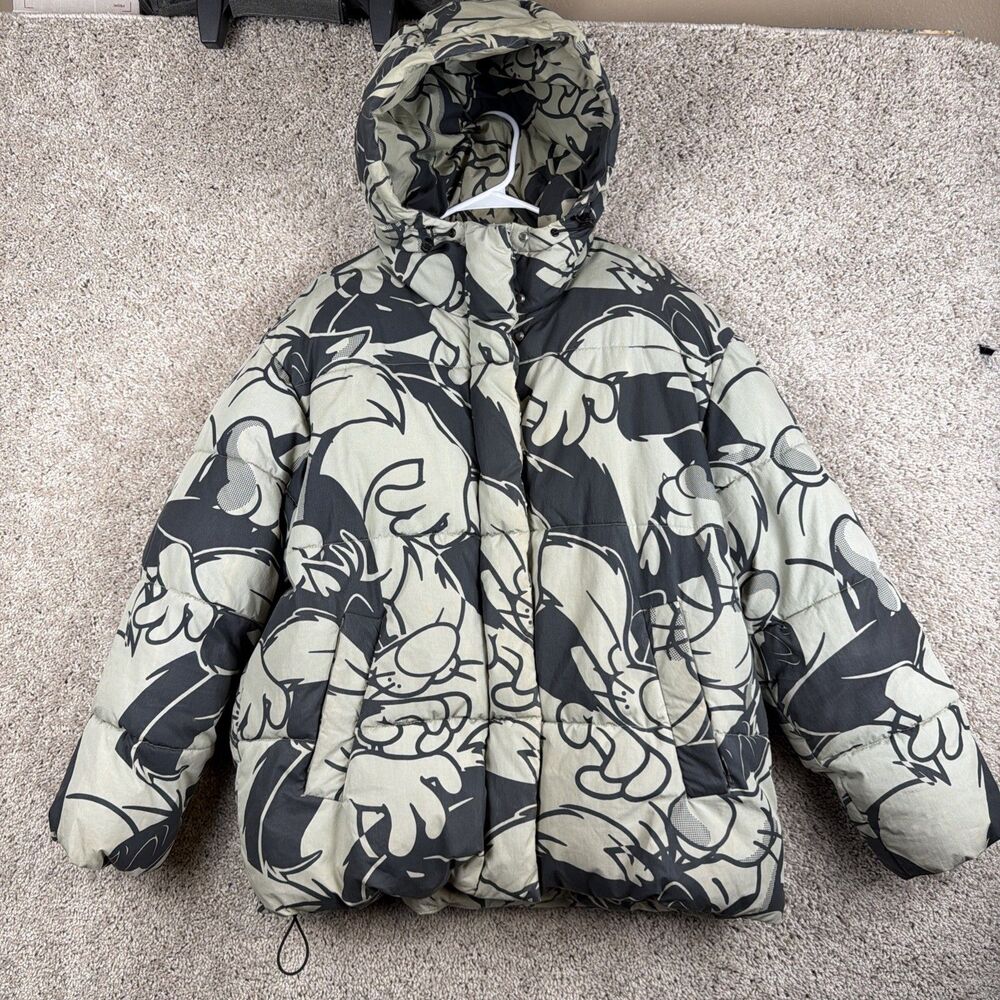 H&M x Warner Bros Looney Tunes Puffer Jacket Womens M Sylvester Novelty Print WB